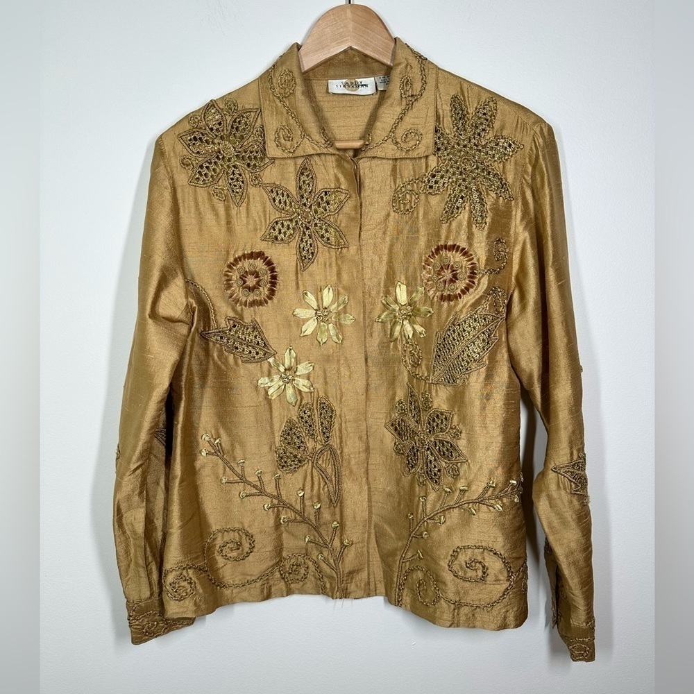 SANDY Starkman 100% Silk‎ Gold Embellished Button Down Shirt Size Petite  Medium